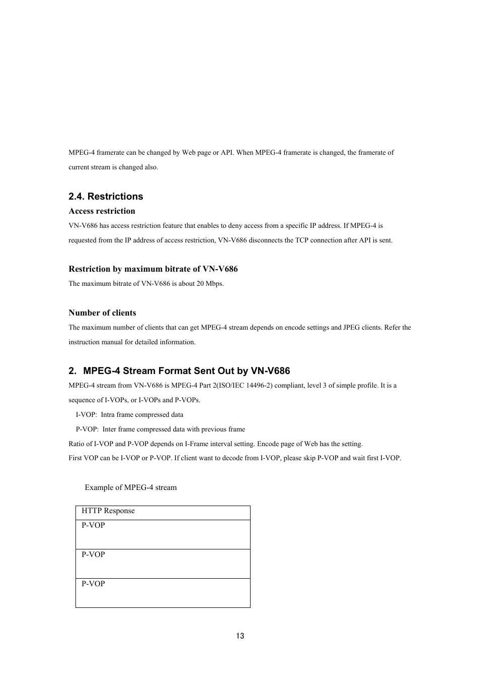 Restrictions, Mpeg-4 stream format sent out by vn-v686 | JVC VN-V686UAPI User Manual | Page 13 / 105