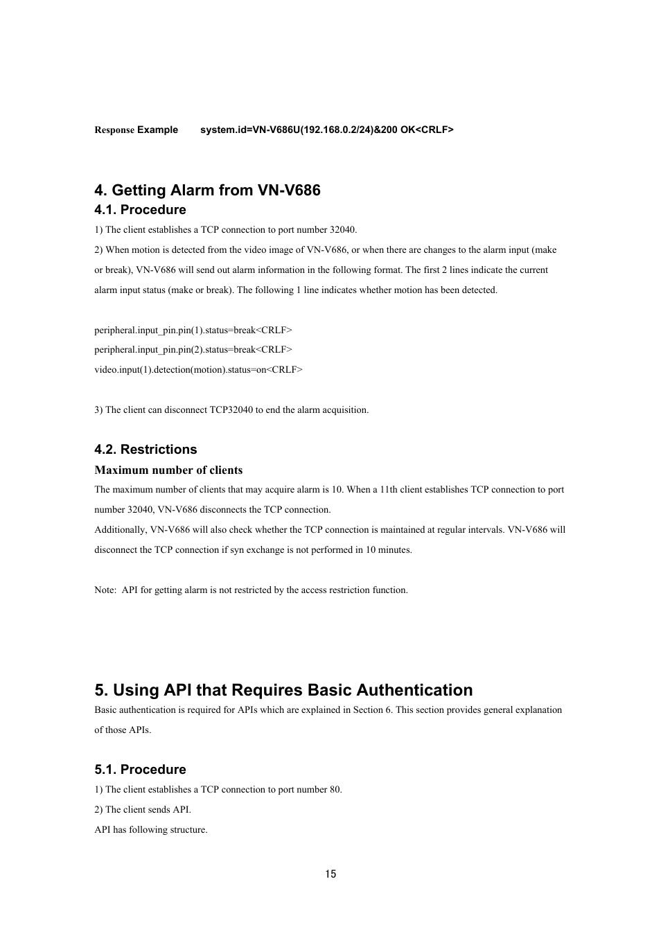 Using api that requires basic authentication, Getting alarm from vn-v686, Procedure | Restrictions | JVC VN-V686UAPI User Manual | Page 15 / 105