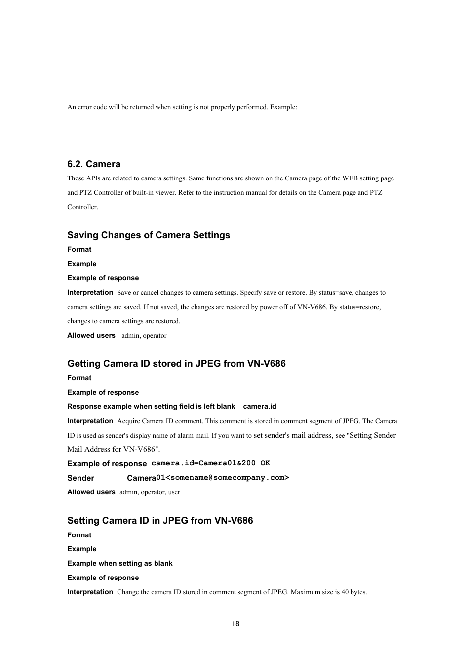 Camera, Saving changes of camera settings, Getting camera id stored in jpeg from vn-v686 | Setting camera id in jpeg from vn-v686 | JVC VN-V686UAPI User Manual | Page 18 / 105