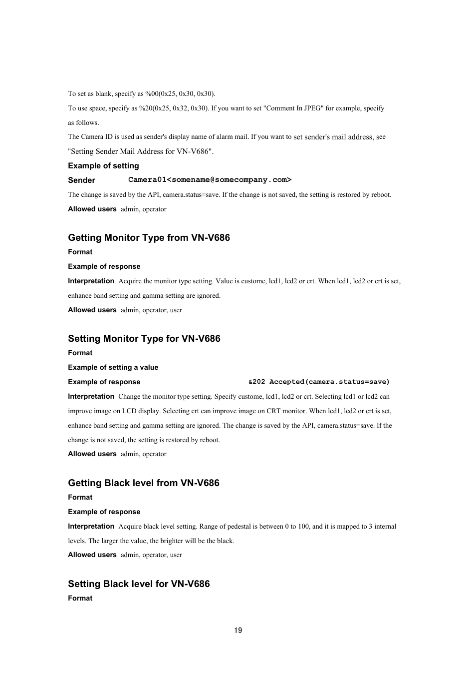 Getting monitor type from vn-v686, Setting monitor type for vn-v686, Getting black level from vn-v686 | Setting black level for vn-v686 | JVC VN-V686UAPI User Manual | Page 19 / 105