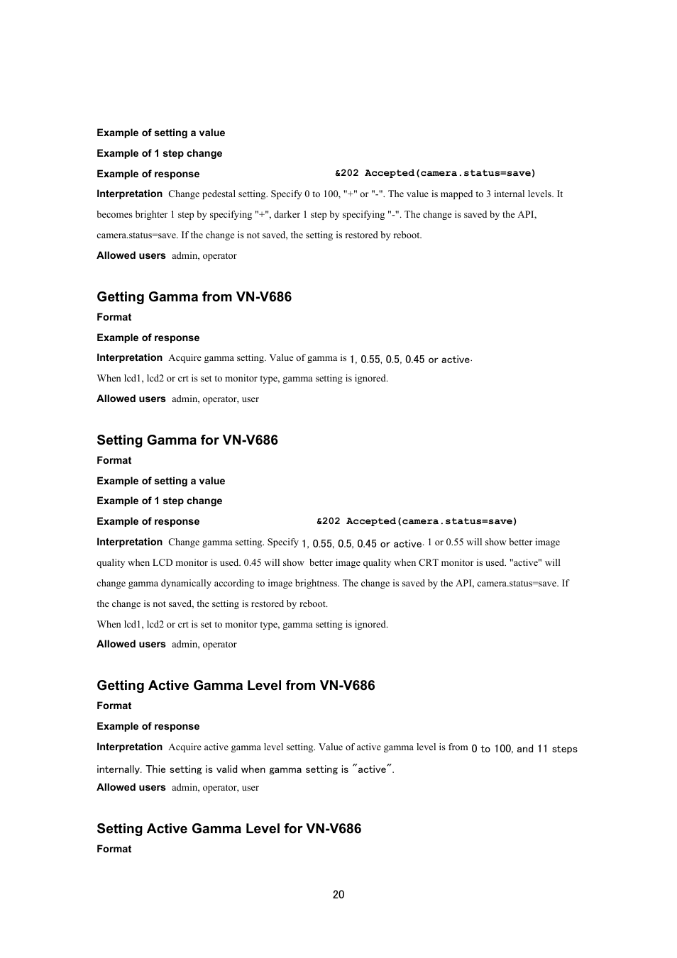 Getting gamma from vn-v686, Setting gamma for vn-v686, Getting active gamma level from vn-v686 | Setting active gamma level for vn-v686 | JVC VN-V686UAPI User Manual | Page 20 / 105