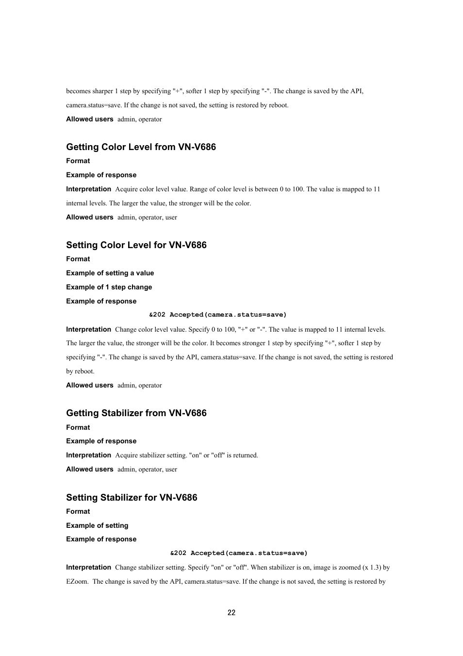 Getting color level from vn-v686, Setting color level for vn-v686, Getting stabilizer from vn-v686 | Setting stabilizer for vn-v686 | JVC VN-V686UAPI User Manual | Page 22 / 105