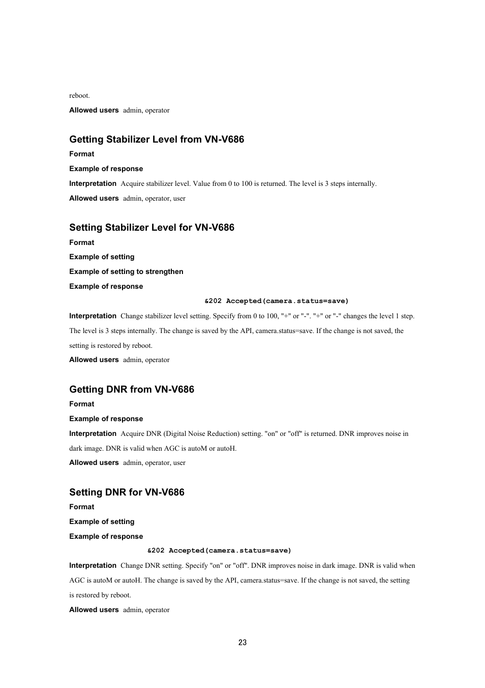 Getting stabilizer level from vn-v686, Setting stabilizer level for vn-v686, Getting dnr from vn-v686 | Setting dnr for vn-v686 | JVC VN-V686UAPI User Manual | Page 23 / 105