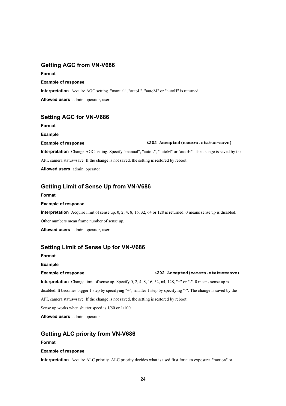 Getting agc from vn-v686, Setting agc for vn-v686, Getting limit of sense up from vn-v686 | Setting limit of sense up for vn-v686, Getting alc priority from vn-v686 | JVC VN-V686UAPI User Manual | Page 24 / 105