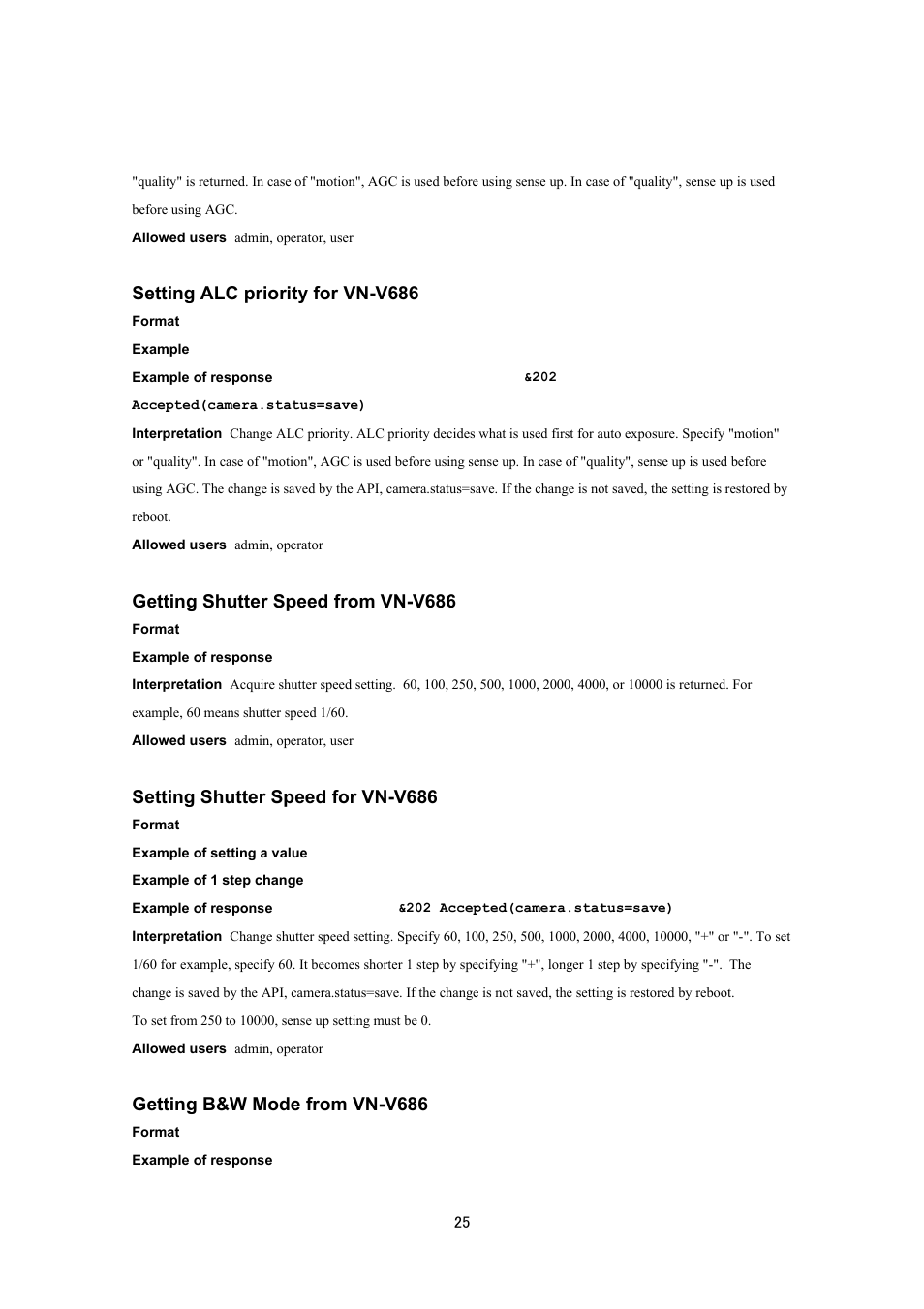 Setting alc priority for vn-v686, Getting shutter speed from vn-v686, Setting shutter speed for vn-v686 | Getting b&w mode from vn-v686 | JVC VN-V686UAPI User Manual | Page 25 / 105