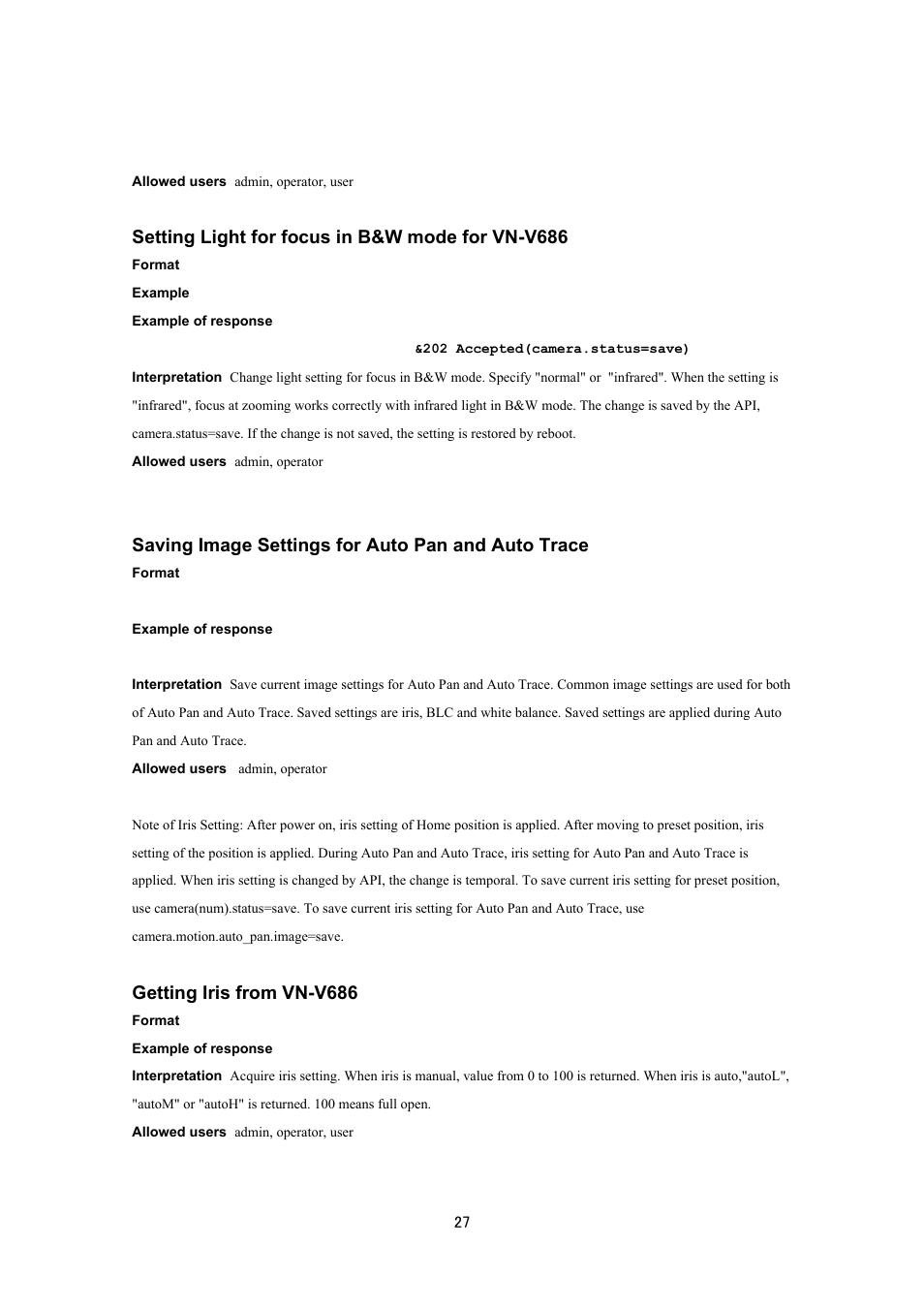 Setting light for focus in b&w mode for vn-v686, Saving image settings for auto pan and auto trace, Getting iris from vn-v686 | JVC VN-V686UAPI User Manual | Page 27 / 105