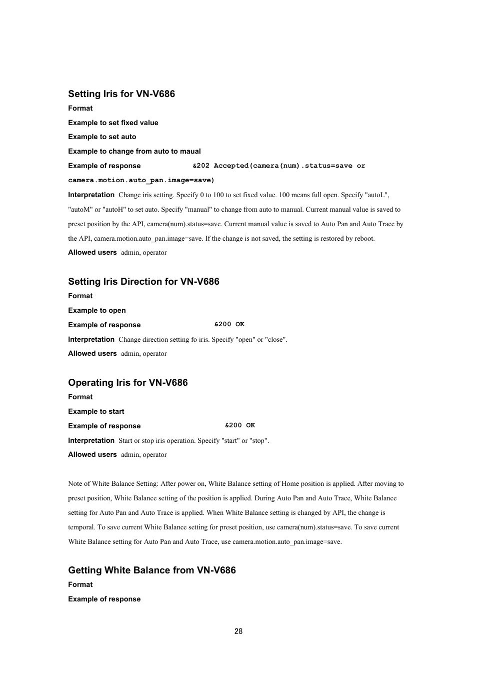 Setting iris for vn-v686, Setting iris direction for vn-v686, Operating iris for vn-v686 | Getting white balance from vn-v686 | JVC VN-V686UAPI User Manual | Page 28 / 105