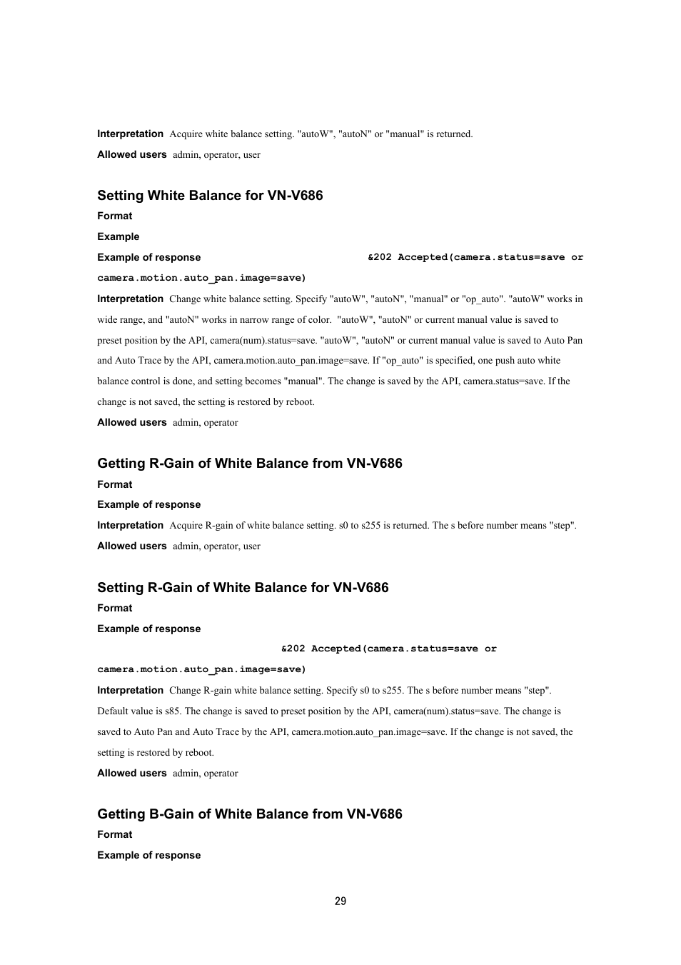 Setting white balance for vn-v686, Getting r-gain of white balance from vn-v686, Setting r-gain of white balance for vn-v686 | Getting b-gain of white balance from vn-v686 | JVC VN-V686UAPI User Manual | Page 29 / 105