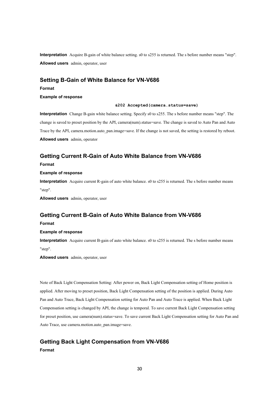 Setting b-gain of white balance for vn-v686, Getting back light compensation from vn-v686 | JVC VN-V686UAPI User Manual | Page 30 / 105