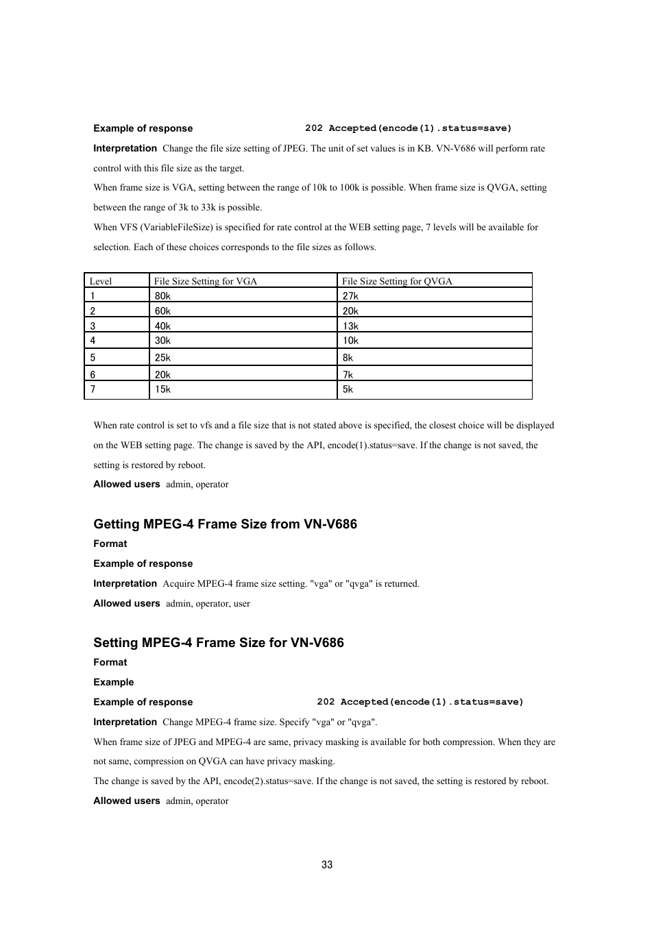 Getting mpeg-4 frame size from vn-v686, Setting mpeg-4 frame size for vn-v686 | JVC VN-V686UAPI User Manual | Page 33 / 105