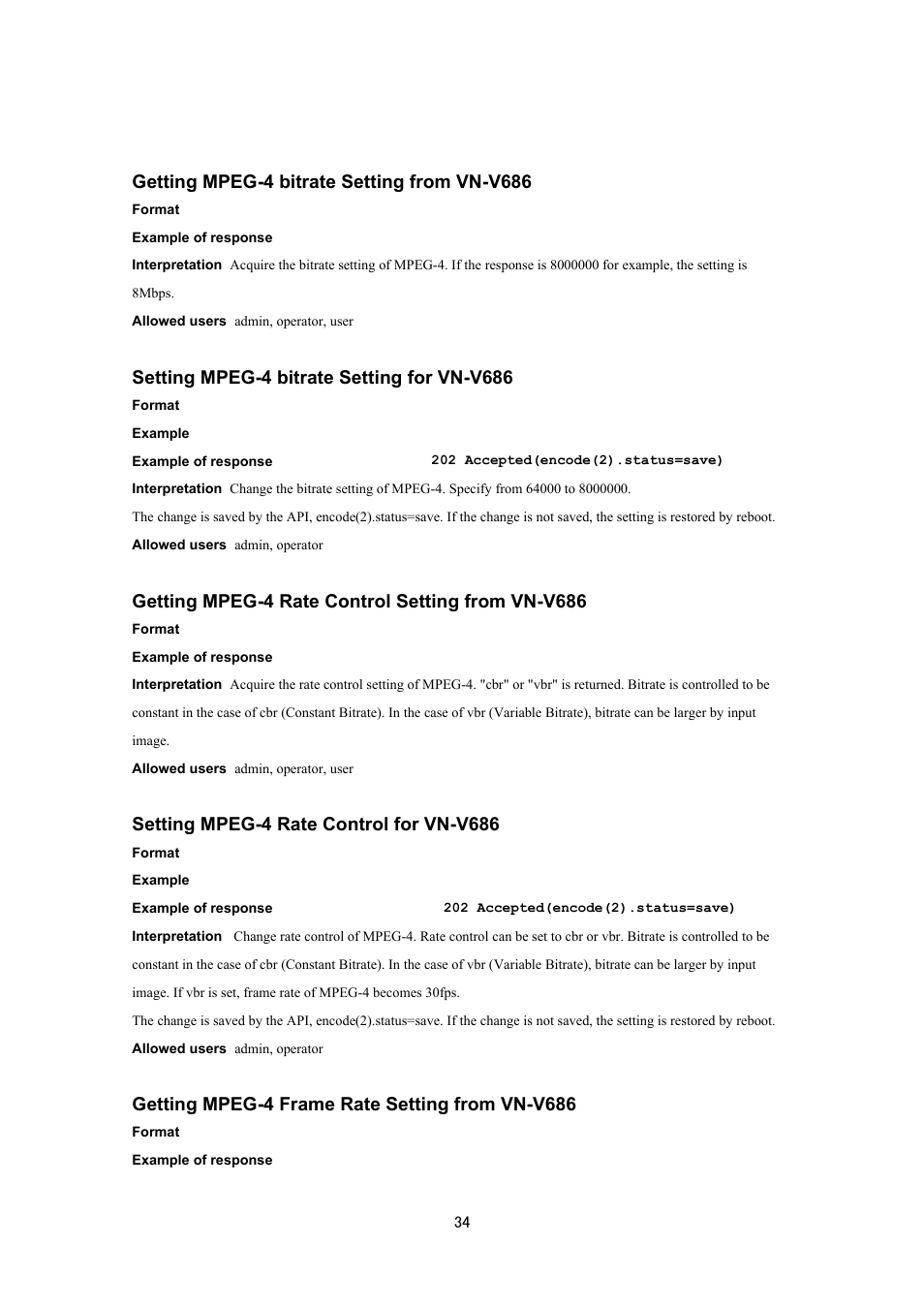 Getting mpeg-4 bitrate setting from vn-v686, Setting mpeg-4 bitrate setting for vn-v686, Getting mpeg-4 rate control setting from vn-v686 | Setting mpeg-4 rate control for vn-v686, Getting mpeg-4 frame rate setting from vn-v686 | JVC VN-V686UAPI User Manual | Page 34 / 105