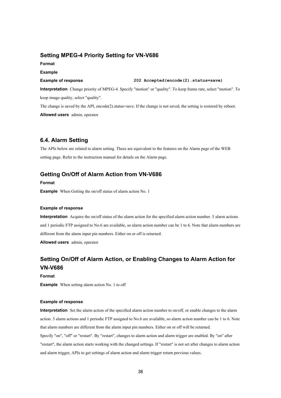 Setting mpeg-4 priority setting for vn-v686, Alarm setting, Getting on/off of alarm action from vn-v686 | JVC VN-V686UAPI User Manual | Page 36 / 105