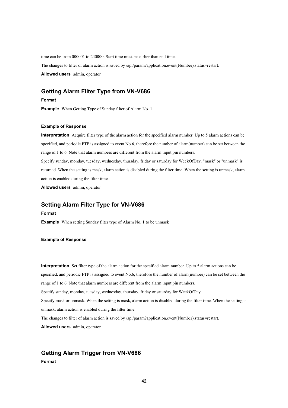 Getting alarm filter type from vn-v686, Setting alarm filter type for vn-v686, Getting alarm trigger from vn-v686 | JVC VN-V686UAPI User Manual | Page 42 / 105