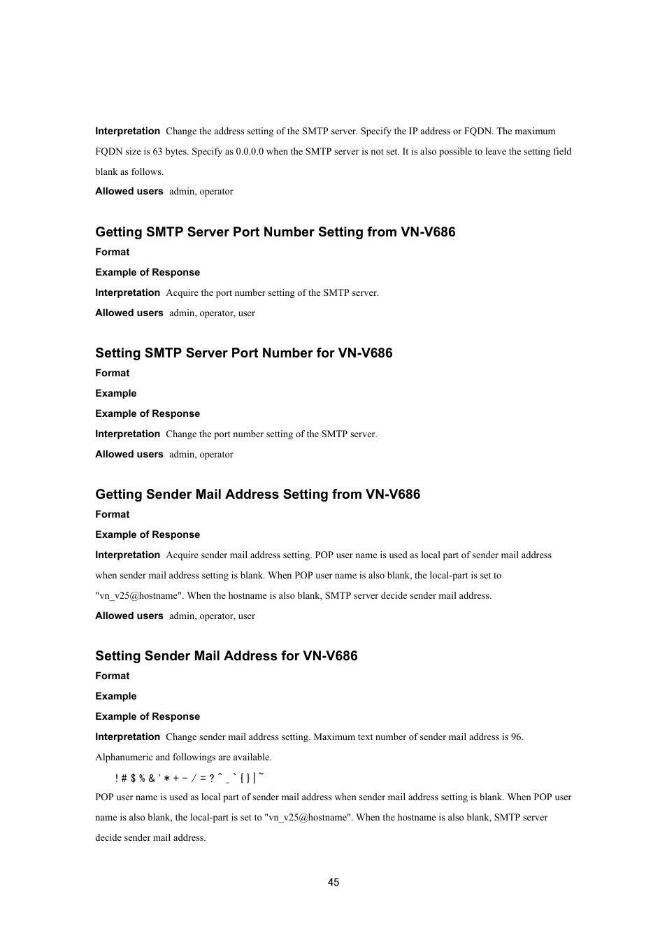 Setting smtp server port number for vn-v686, Getting sender mail address setting from vn-v686, Setting sender mail address for vn-v686 | JVC VN-V686UAPI User Manual | Page 45 / 105