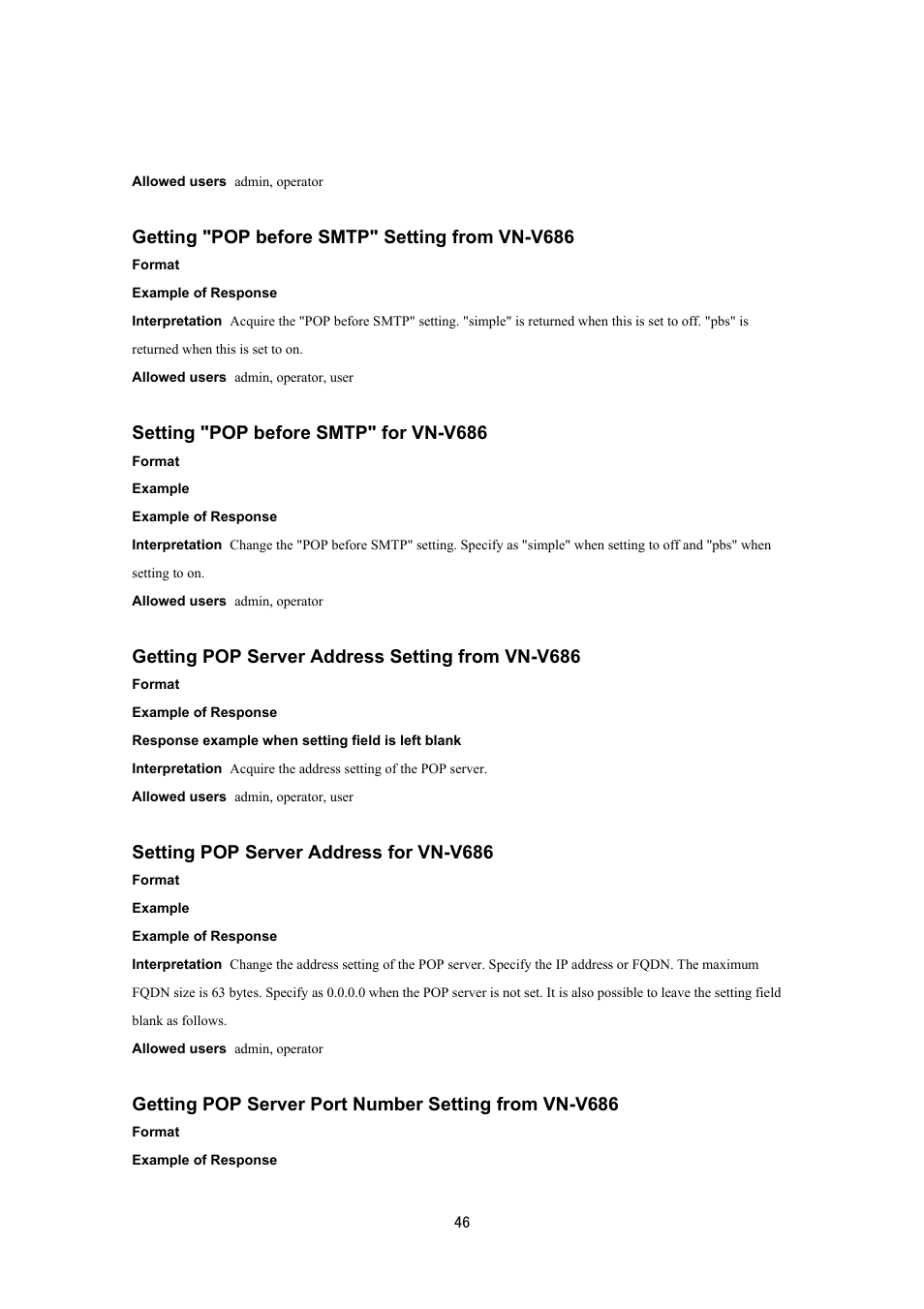 Getting "pop before smtp" setting from vn-v686, Setting "pop before smtp" for vn-v686, Getting pop server address setting from vn-v686 | Setting pop server address for vn-v686 | JVC VN-V686UAPI User Manual | Page 46 / 105