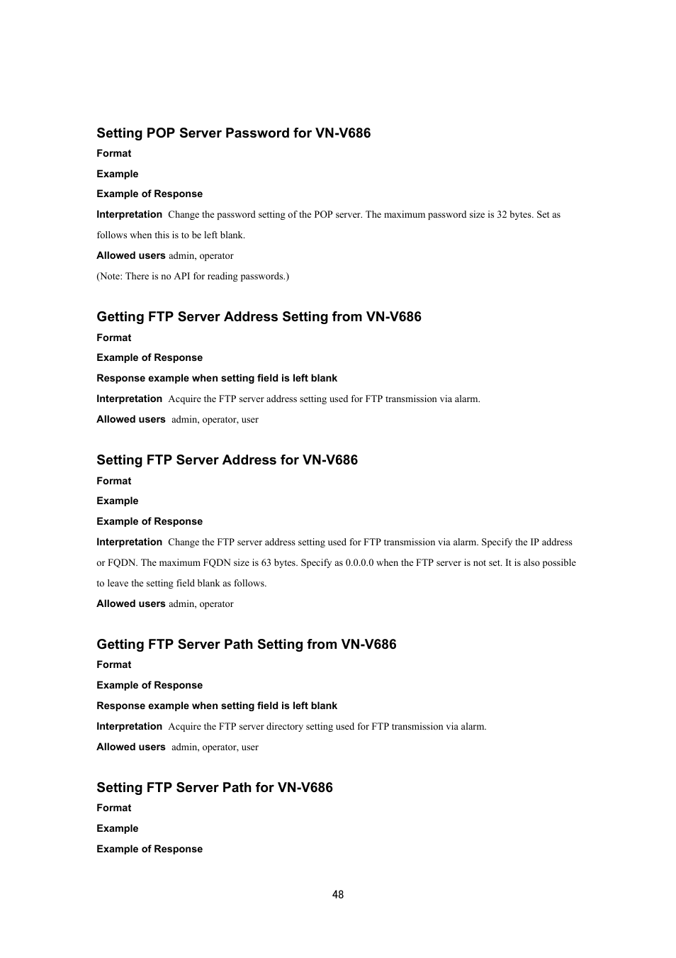 Setting pop server password for vn-v686, Getting ftp server address setting from vn-v686, Setting ftp server address for vn-v686 | Getting ftp server path setting from vn-v686, Setting ftp server path for vn-v686 | JVC VN-V686UAPI User Manual | Page 48 / 105