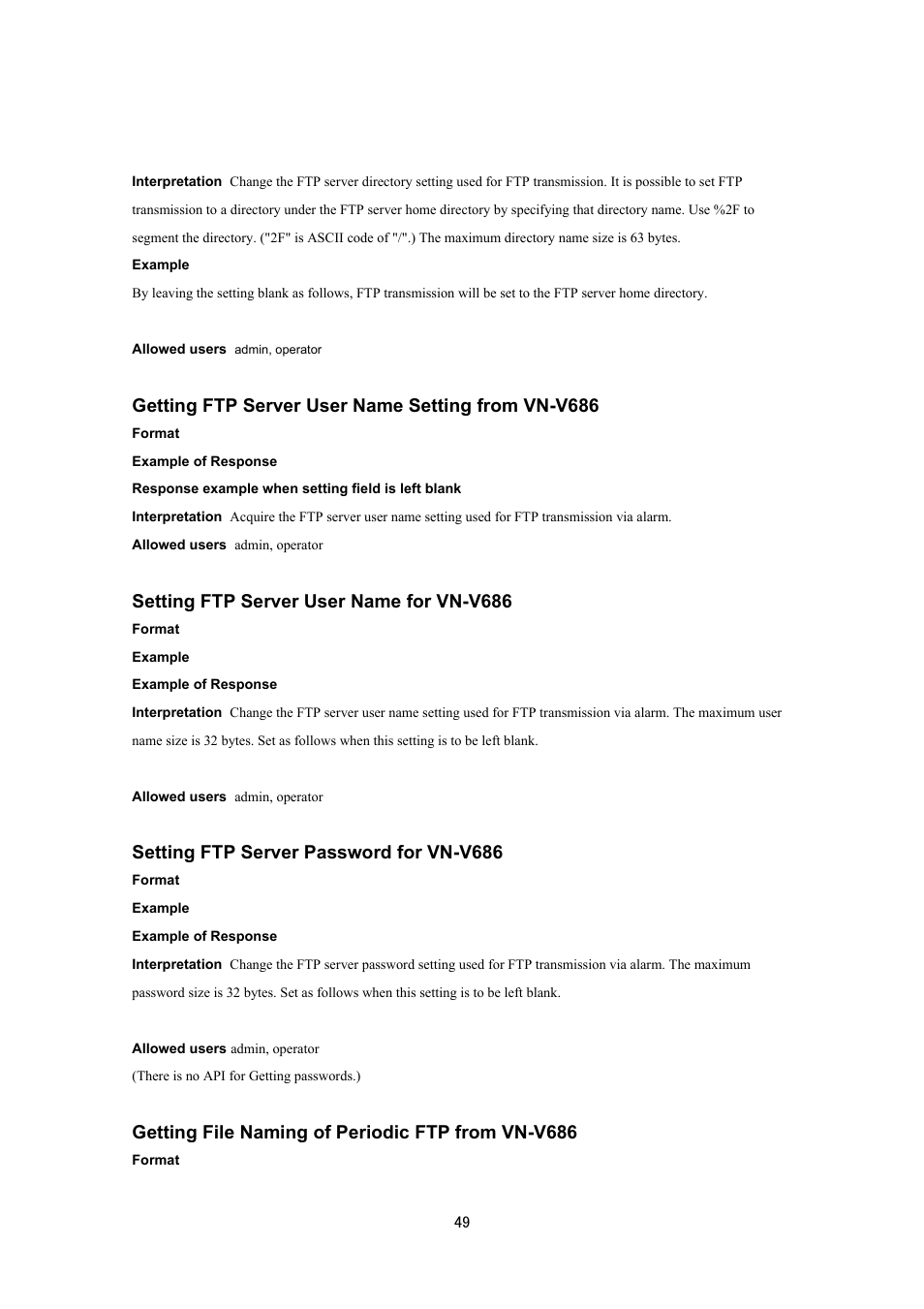 Getting ftp server user name setting from vn-v686, Setting ftp server user name for vn-v686, Setting ftp server password for vn-v686 | Getting file naming of periodic ftp from vn-v686 | JVC VN-V686UAPI User Manual | Page 49 / 105