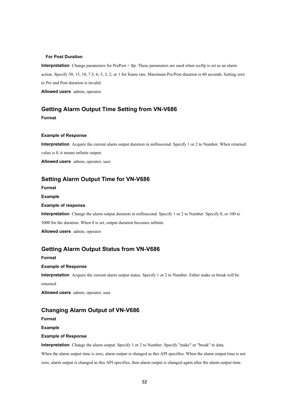 Getting alarm output time setting from vn-v686, Setting alarm output time for vn-v686, Getting alarm output status from vn-v686 | Changing alarm output of vn-v686 | JVC VN-V686UAPI User Manual | Page 52 / 105