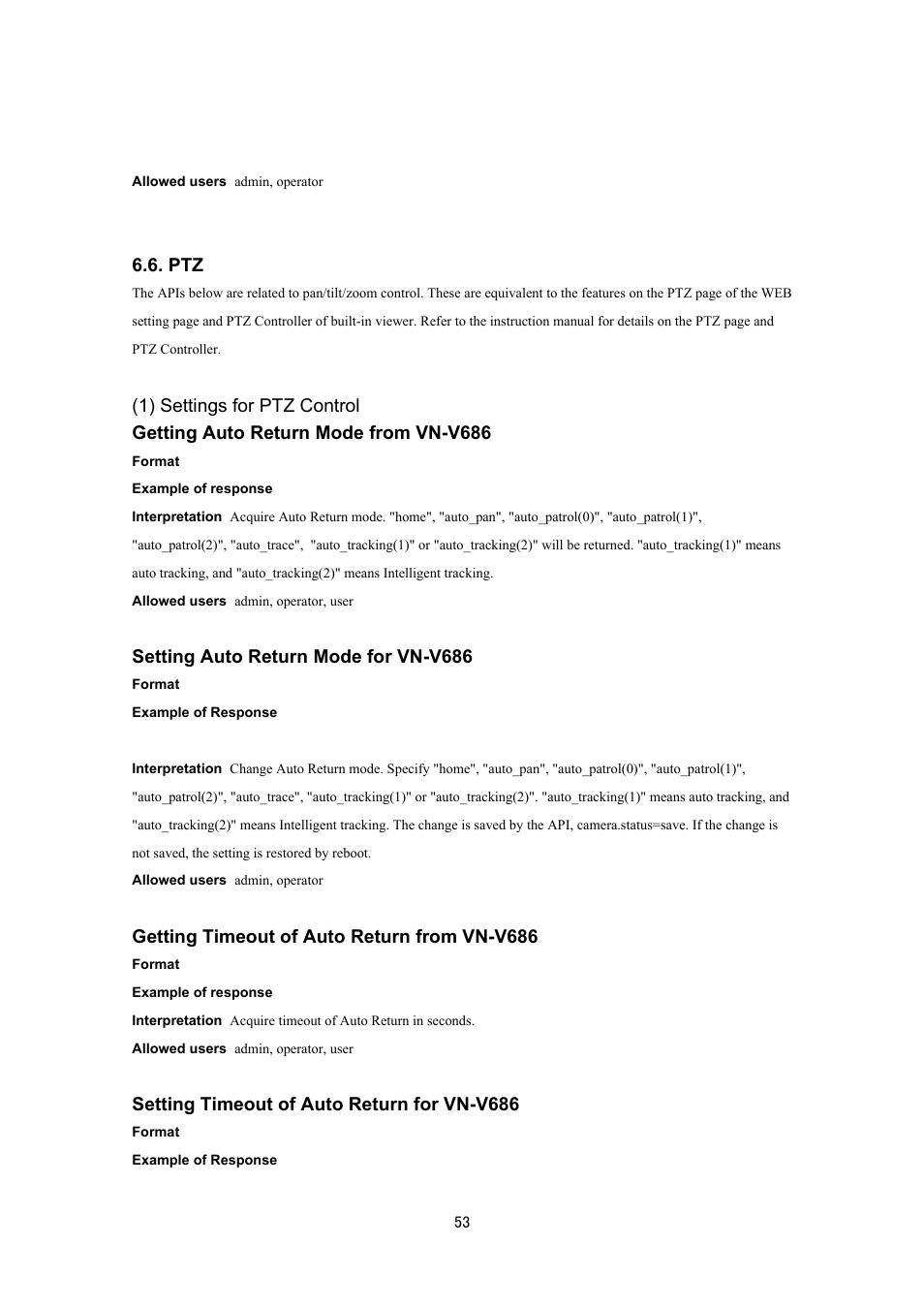 Setting auto return mode for vn-v686, Getting timeout of auto return from vn-v686, Setting timeout of auto return for vn-v686 | JVC VN-V686UAPI User Manual | Page 53 / 105