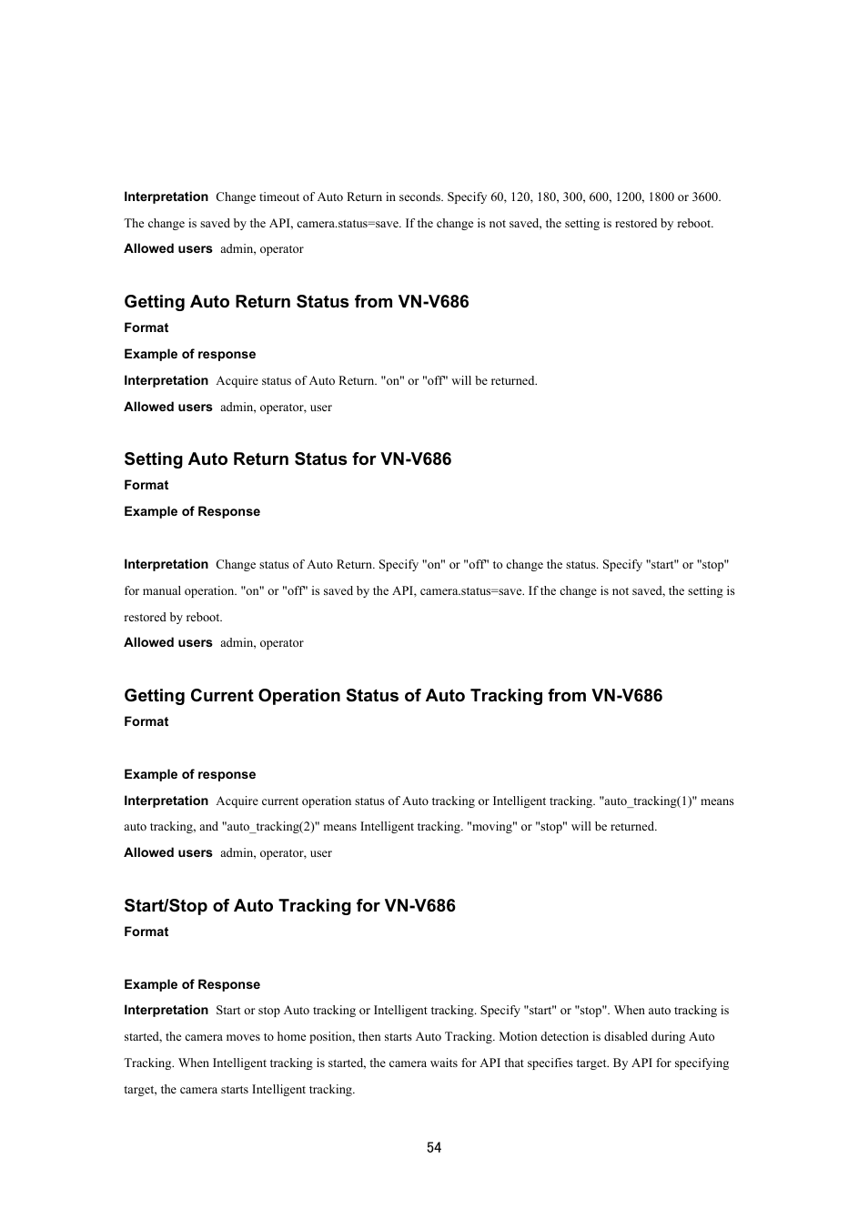Getting auto return status from vn-v686, Setting auto return status for vn-v686, Start/stop of auto tracking for vn-v686 | JVC VN-V686UAPI User Manual | Page 54 / 105