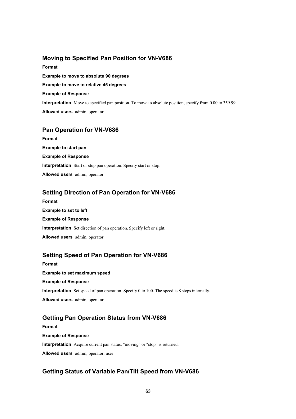 Moving to specified pan position for vn-v686, Pan operation for vn-v686, Setting direction of pan operation for vn-v686 | Setting speed of pan operation for vn-v686, Getting pan operation status from vn-v686 | JVC VN-V686UAPI User Manual | Page 63 / 105