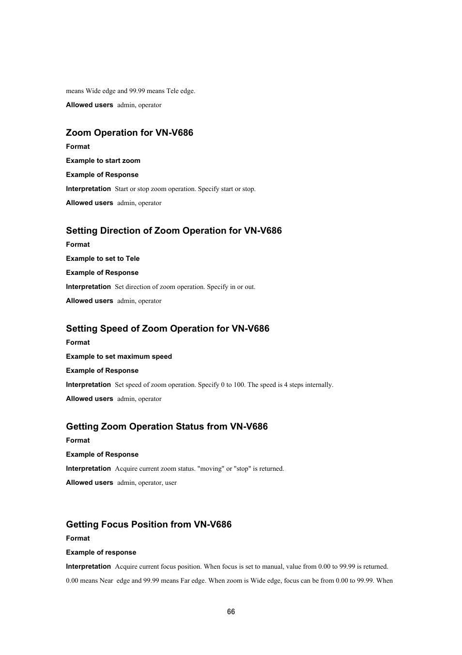 Zoom operation for vn-v686, Setting direction of zoom operation for vn-v686, Setting speed of zoom operation for vn-v686 | Getting zoom operation status from vn-v686, Getting focus position from vn-v686 | JVC VN-V686UAPI User Manual | Page 66 / 105