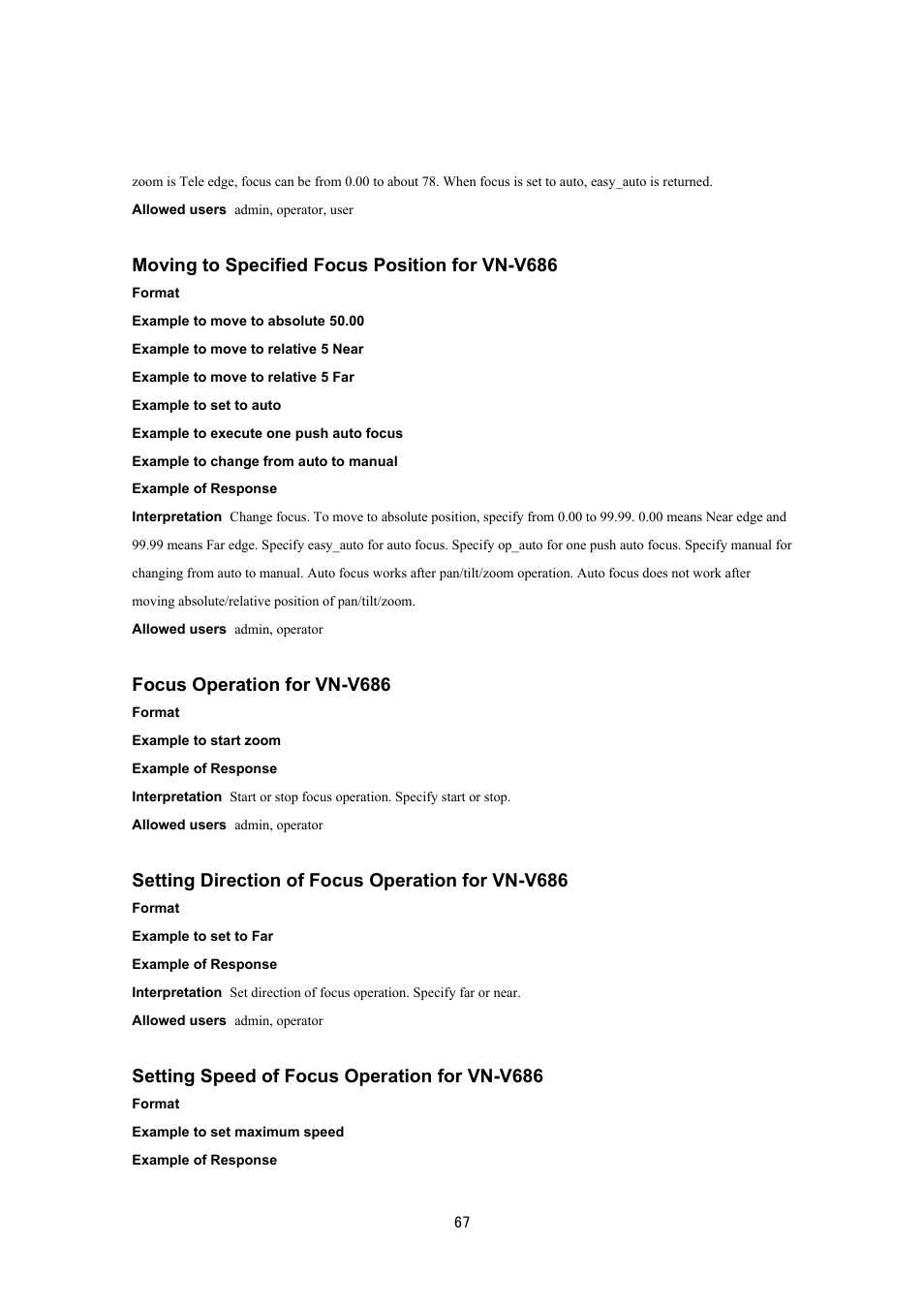 Moving to specified focus position for vn-v686, Focus operation for vn-v686, Setting direction of focus operation for vn-v686 | Setting speed of focus operation for vn-v686 | JVC VN-V686UAPI User Manual | Page 67 / 105
