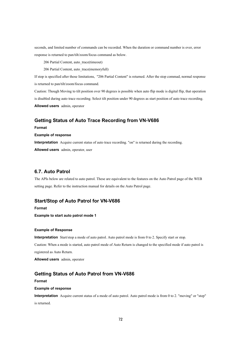 Auto patrol, Start/stop of auto patrol for vn-v686, Getting status of auto patrol from vn-v686 | JVC VN-V686UAPI User Manual | Page 72 / 105