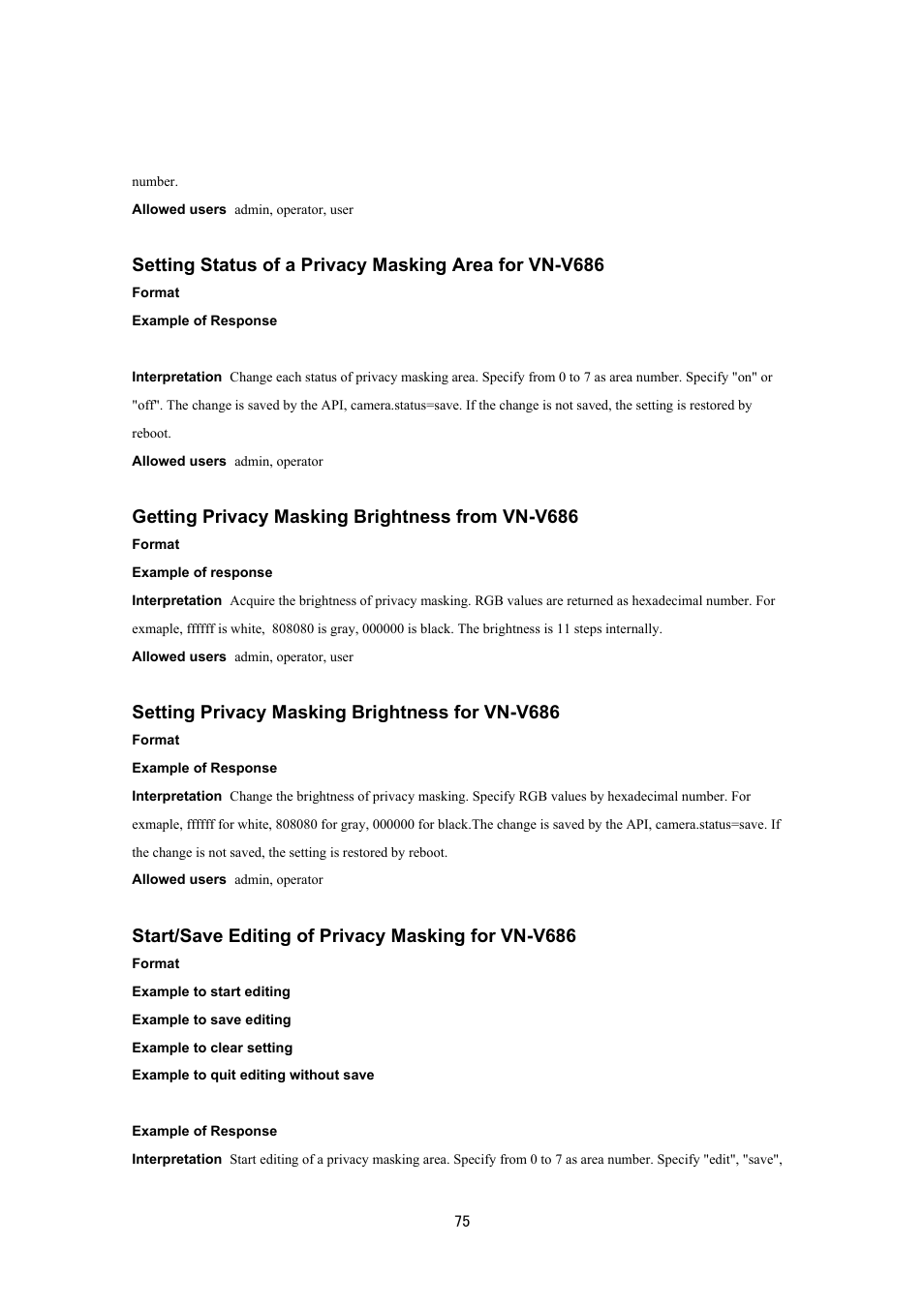 Getting privacy masking brightness from vn-v686, Setting privacy masking brightness for vn-v686, Start/save editing of privacy masking for vn-v686 | JVC VN-V686UAPI User Manual | Page 75 / 105