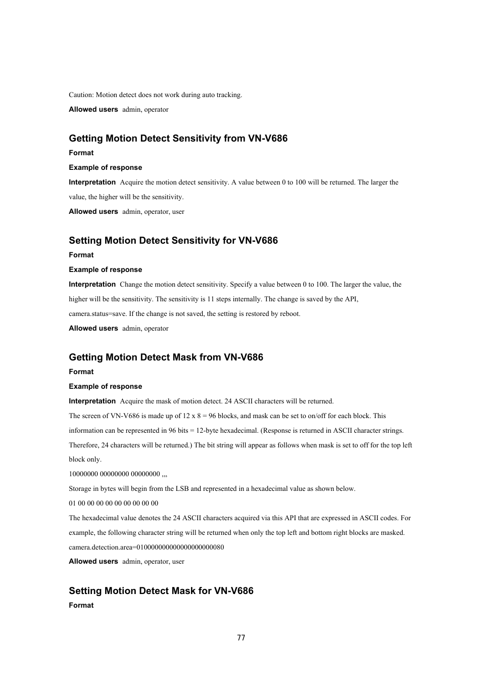 Getting motion detect sensitivity from vn-v686, Setting motion detect sensitivity for vn-v686, Getting motion detect mask from vn-v686 | Setting motion detect mask for vn-v686 | JVC VN-V686UAPI User Manual | Page 77 / 105