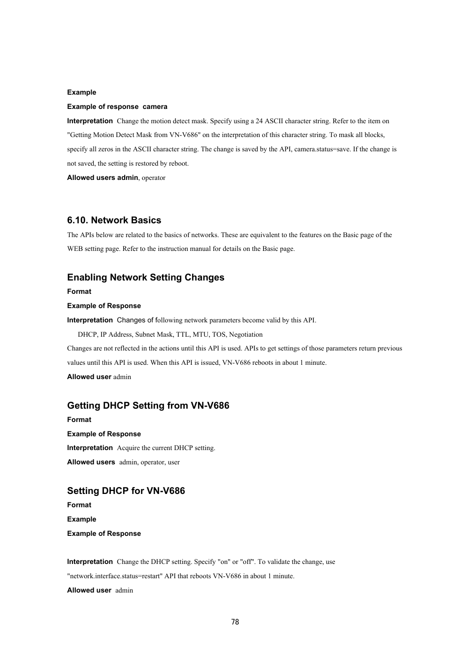 Network basics, Enabling network setting changes, Getting dhcp setting from vn-v686 | Setting dhcp for vn-v686 | JVC VN-V686UAPI User Manual | Page 78 / 105