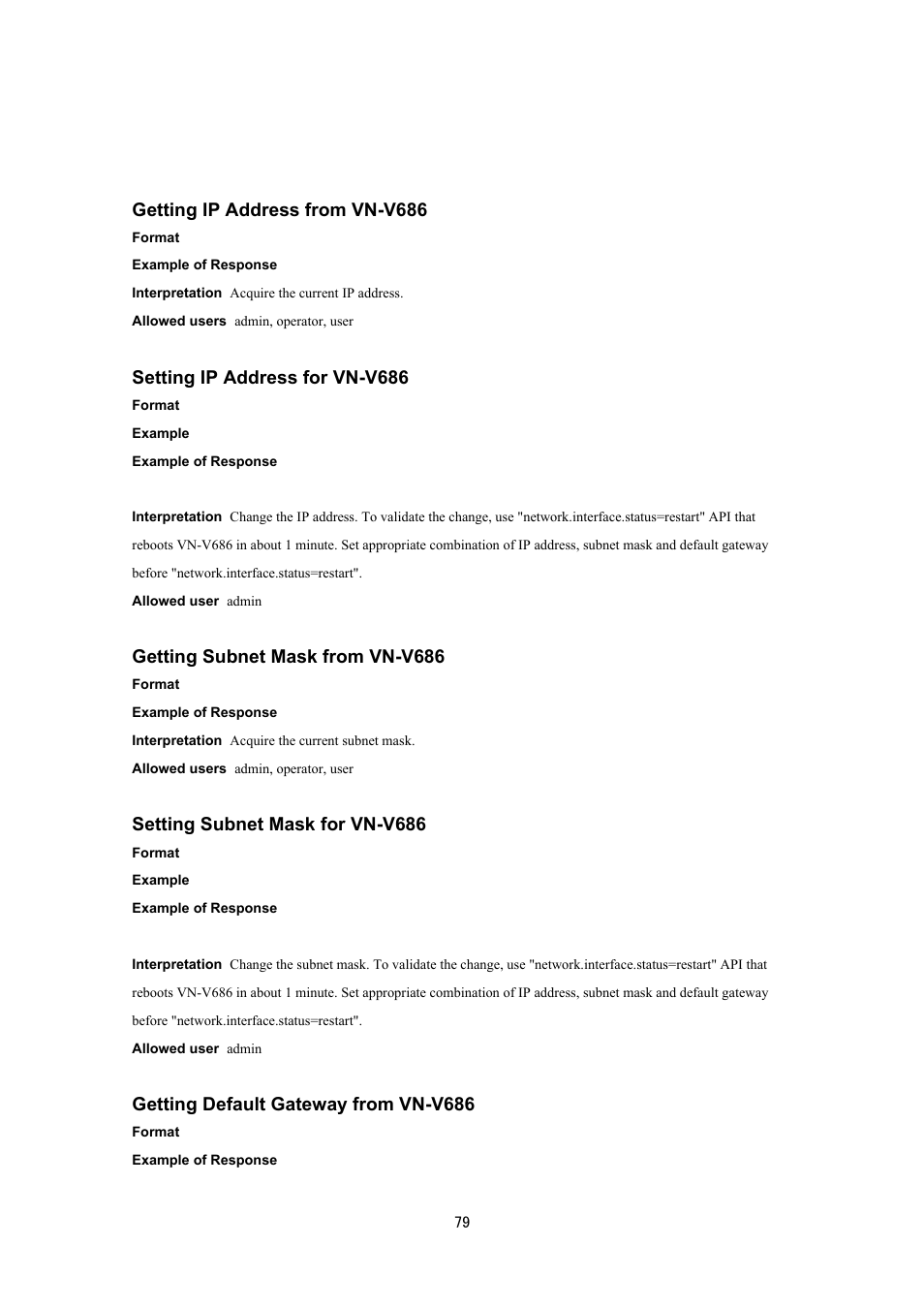 Getting ip address from vn-v686, Setting ip address for vn-v686, Getting subnet mask from vn-v686 | Setting subnet mask for vn-v686, Getting default gateway from vn-v686 | JVC VN-V686UAPI User Manual | Page 79 / 105