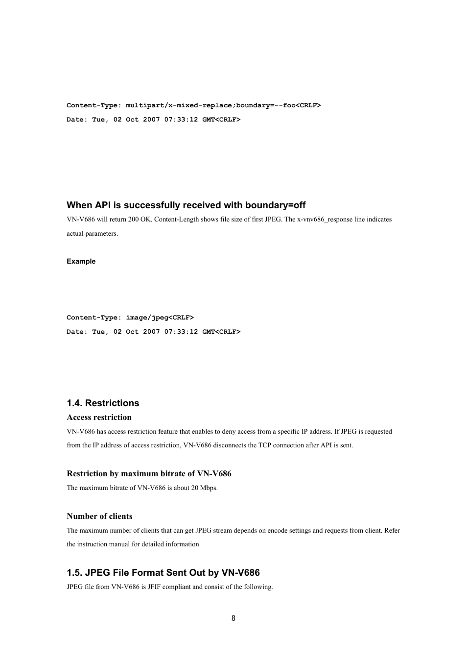 Restrictions, Jpeg file format sent out by vn-v686 | JVC VN-V686UAPI User Manual | Page 8 / 105