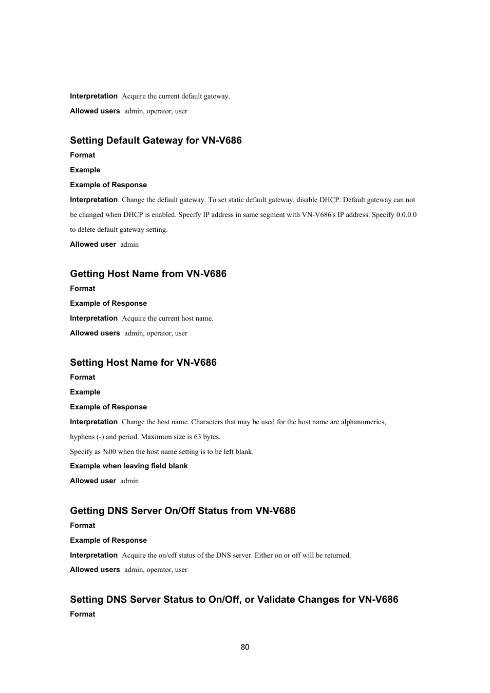 Setting default gateway for vn-v686, Getting host name from vn-v686, Setting host name for vn-v686 | Getting dns server on/off status from vn-v686 | JVC VN-V686UAPI User Manual | Page 80 / 105