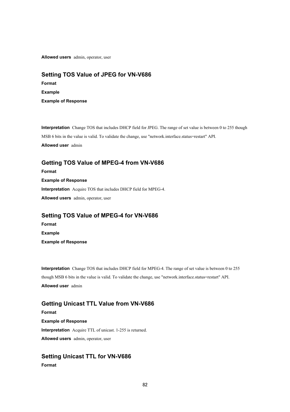 Setting tos value of jpeg for vn-v686, Getting tos value of mpeg-4 from vn-v686, Setting tos value of mpeg-4 for vn-v686 | Getting unicast ttl value from vn-v686, Setting unicast ttl for vn-v686 | JVC VN-V686UAPI User Manual | Page 82 / 105