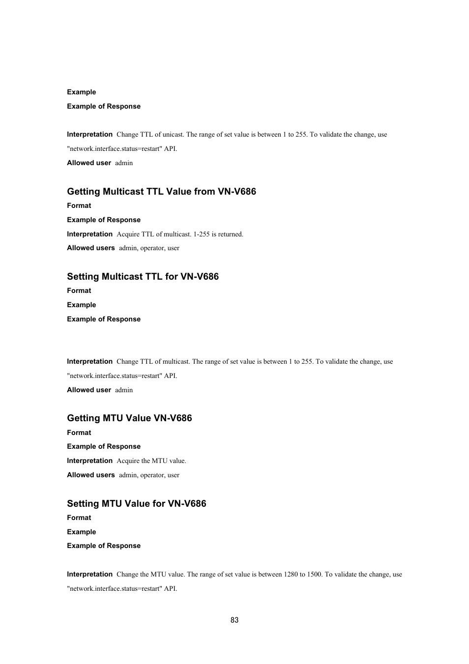 Getting multicast ttl value from vn-v686, Setting multicast ttl for vn-v686, Getting mtu value vn-v686 | Setting mtu value for vn-v686 | JVC VN-V686UAPI User Manual | Page 83 / 105
