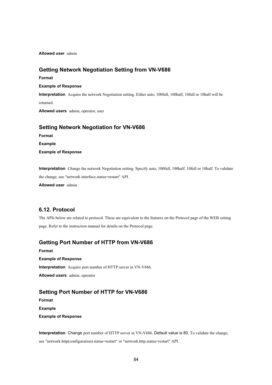 Getting network negotiation setting from vn-v686, Setting network negotiation for vn-v686, Protocol | JVC VN-V686UAPI User Manual | Page 84 / 105