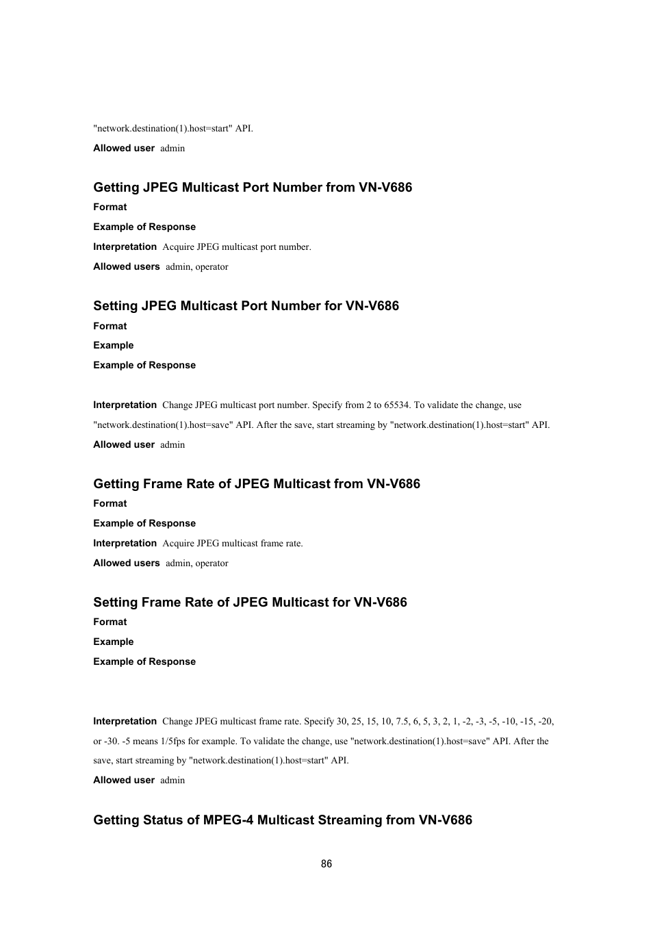 Getting jpeg multicast port number from vn-v686, Setting jpeg multicast port number for vn-v686, Getting frame rate of jpeg multicast from vn-v686 | Setting frame rate of jpeg multicast for vn-v686 | JVC VN-V686UAPI User Manual | Page 86 / 105