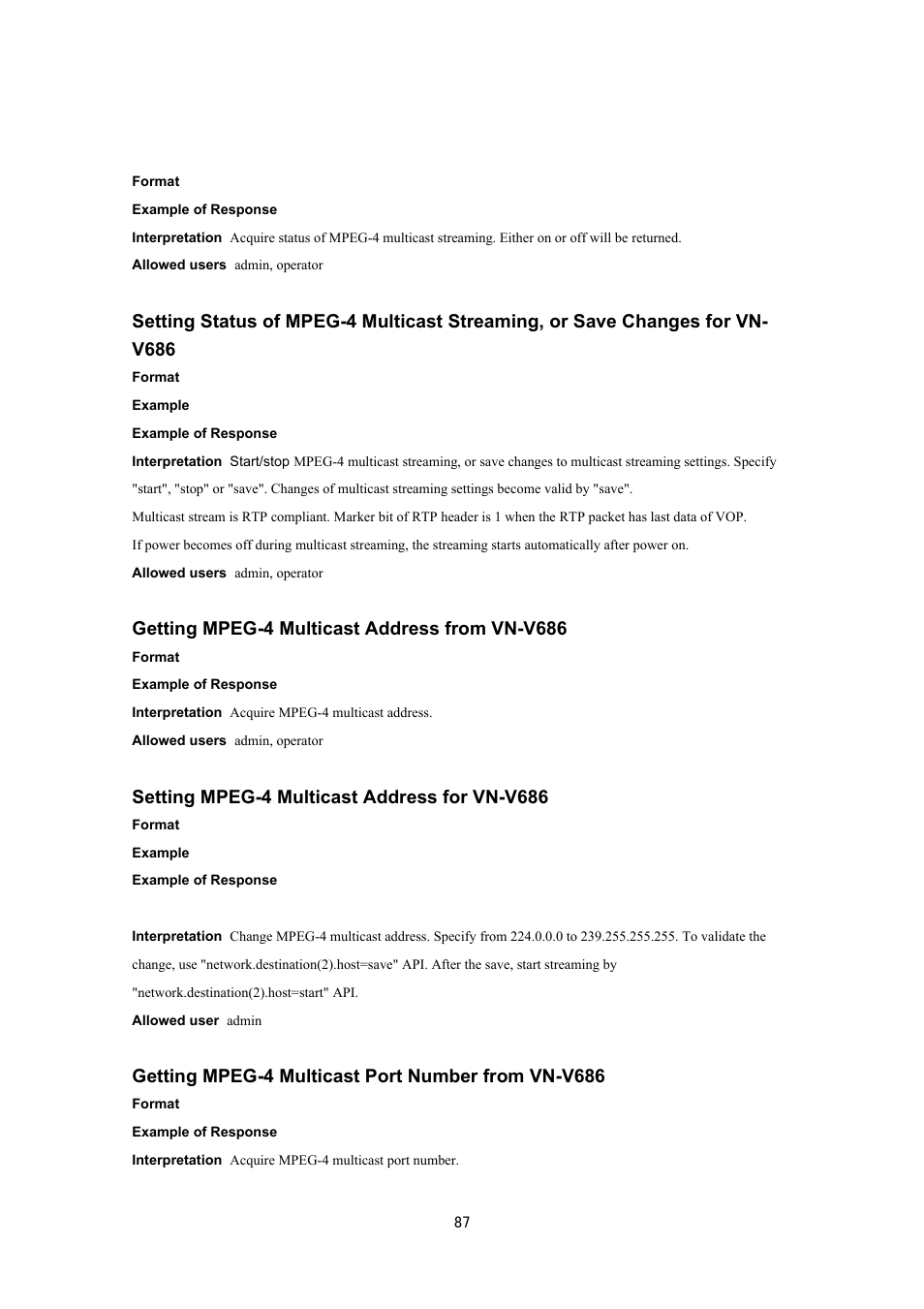 Getting mpeg-4 multicast address from vn-v686, Setting mpeg-4 multicast address for vn-v686, Getting mpeg-4 multicast port number from vn-v686 | JVC VN-V686UAPI User Manual | Page 87 / 105