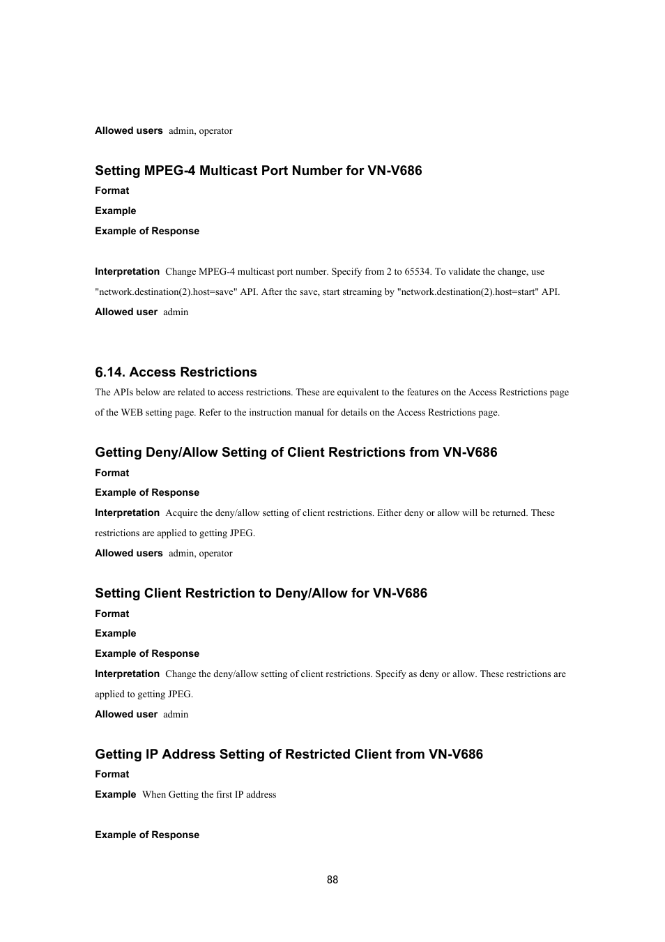 Setting mpeg-4 multicast port number for vn-v686, Access restrictions | JVC VN-V686UAPI User Manual | Page 88 / 105