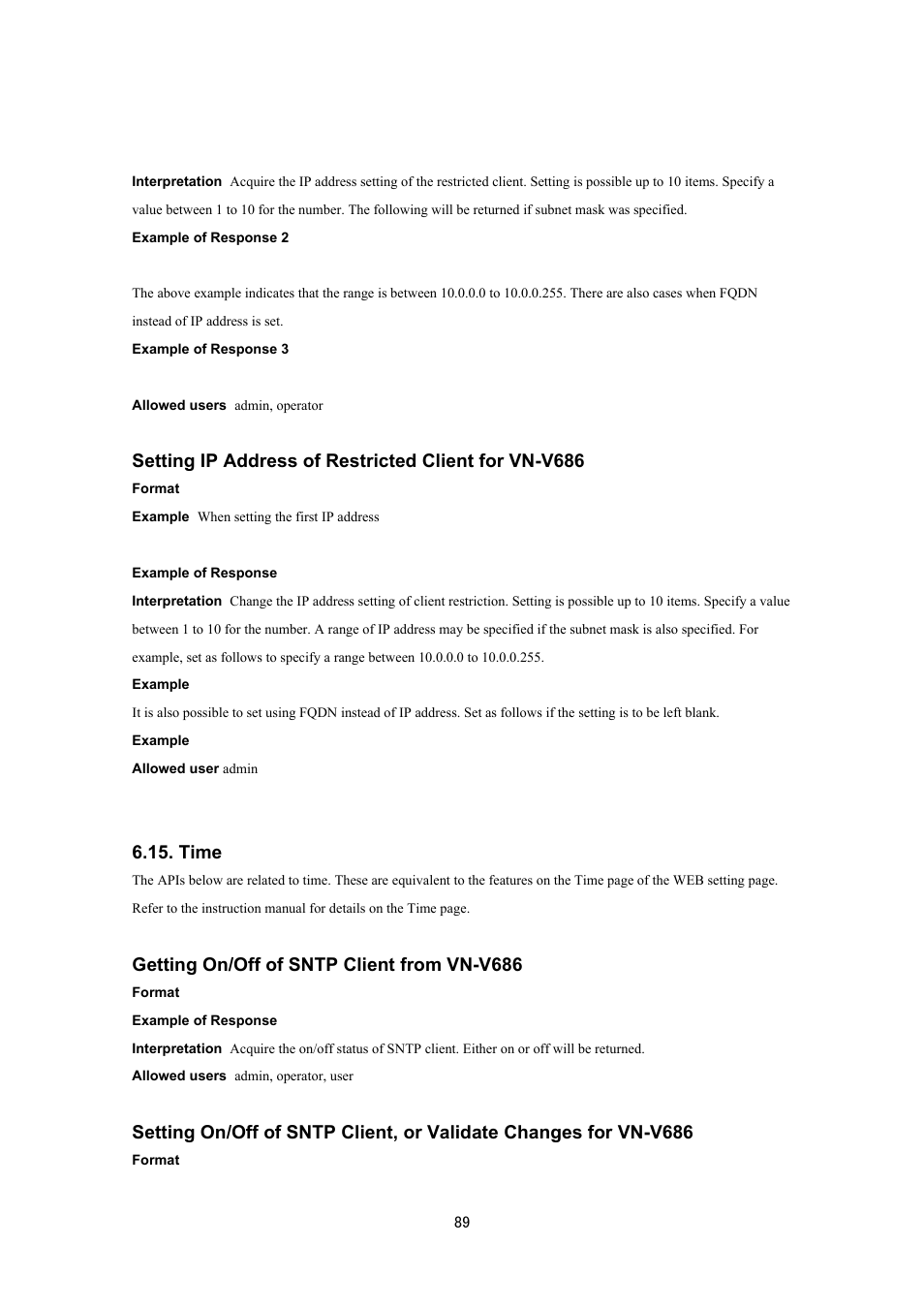 Time, Getting on/off of sntp client from vn-v686 | JVC VN-V686UAPI User Manual | Page 89 / 105