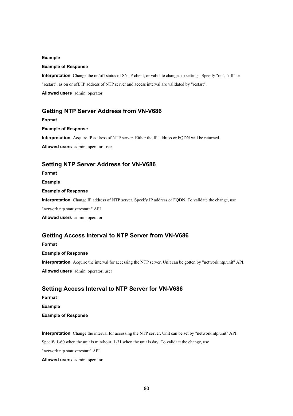 Getting ntp server address from vn-v686, Setting ntp server address for vn-v686, Getting access interval to ntp server from vn-v686 | Setting access interval to ntp server for vn-v686 | JVC VN-V686UAPI User Manual | Page 90 / 105