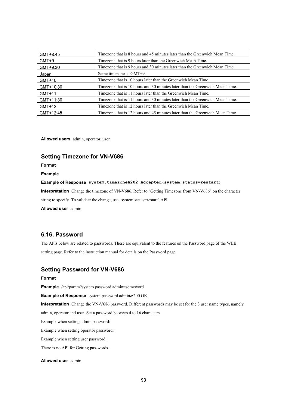 Setting timezone for vn-v686, Password, Setting password for vn-v686 | JVC VN-V686UAPI User Manual | Page 93 / 105