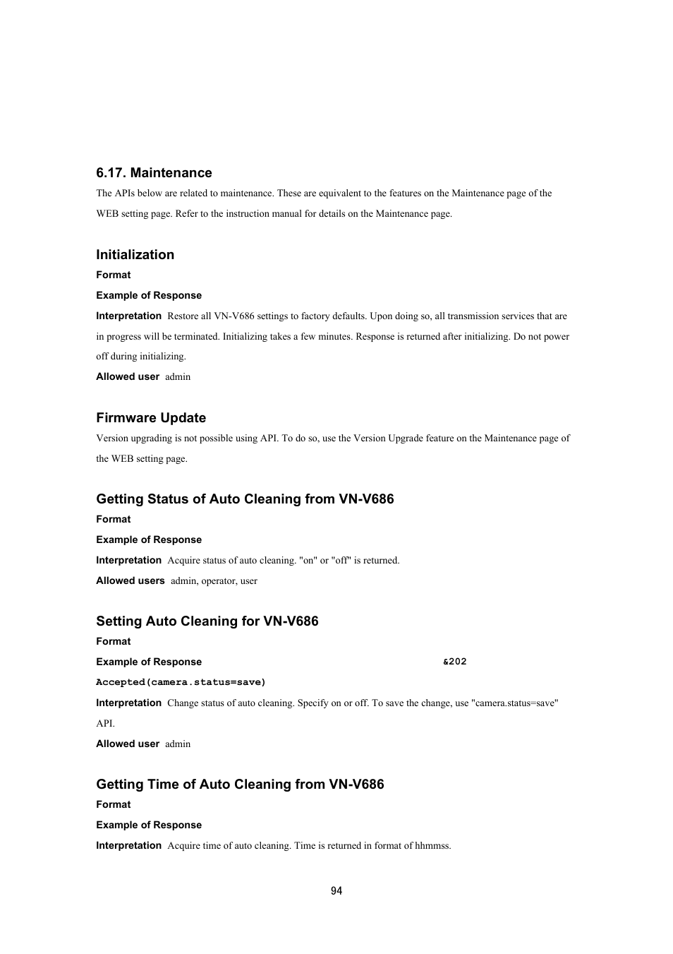 Maintenance, Initialization, Firmware update | Getting status of auto cleaning from vn-v686, Setting auto cleaning for vn-v686, Getting time of auto cleaning from vn-v686 | JVC VN-V686UAPI User Manual | Page 94 / 105