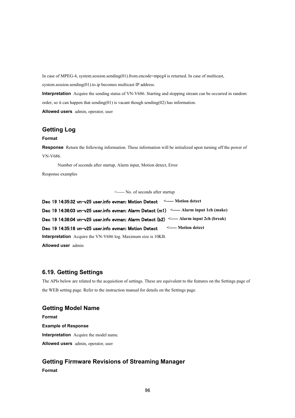 Getting log, Getting settings, Getting model name | Getting firmware revisions of streaming manager | JVC VN-V686UAPI User Manual | Page 96 / 105