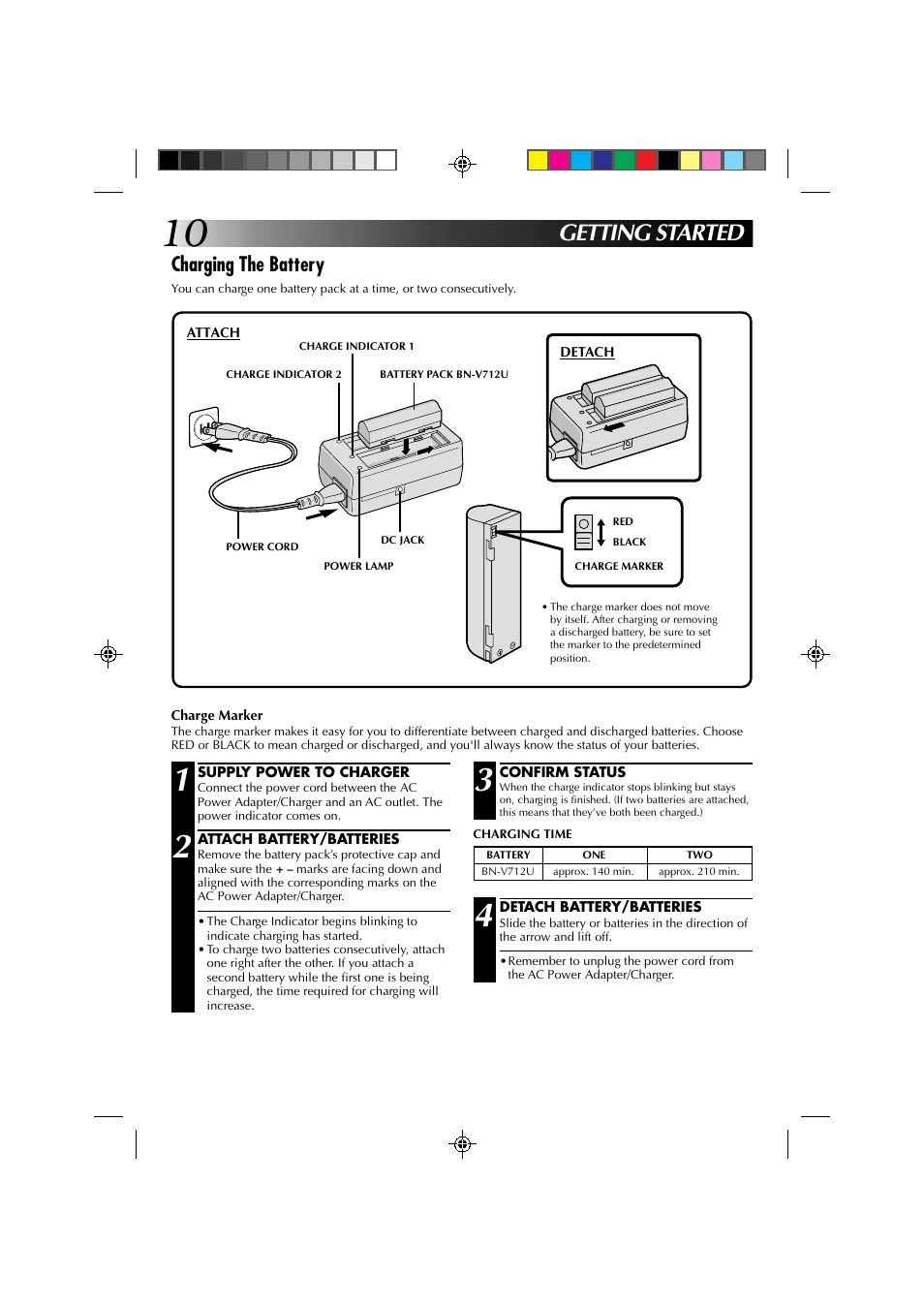 Getting started, Charging the battery | JVC GR-DV1 User Manual | Page 10 / 219