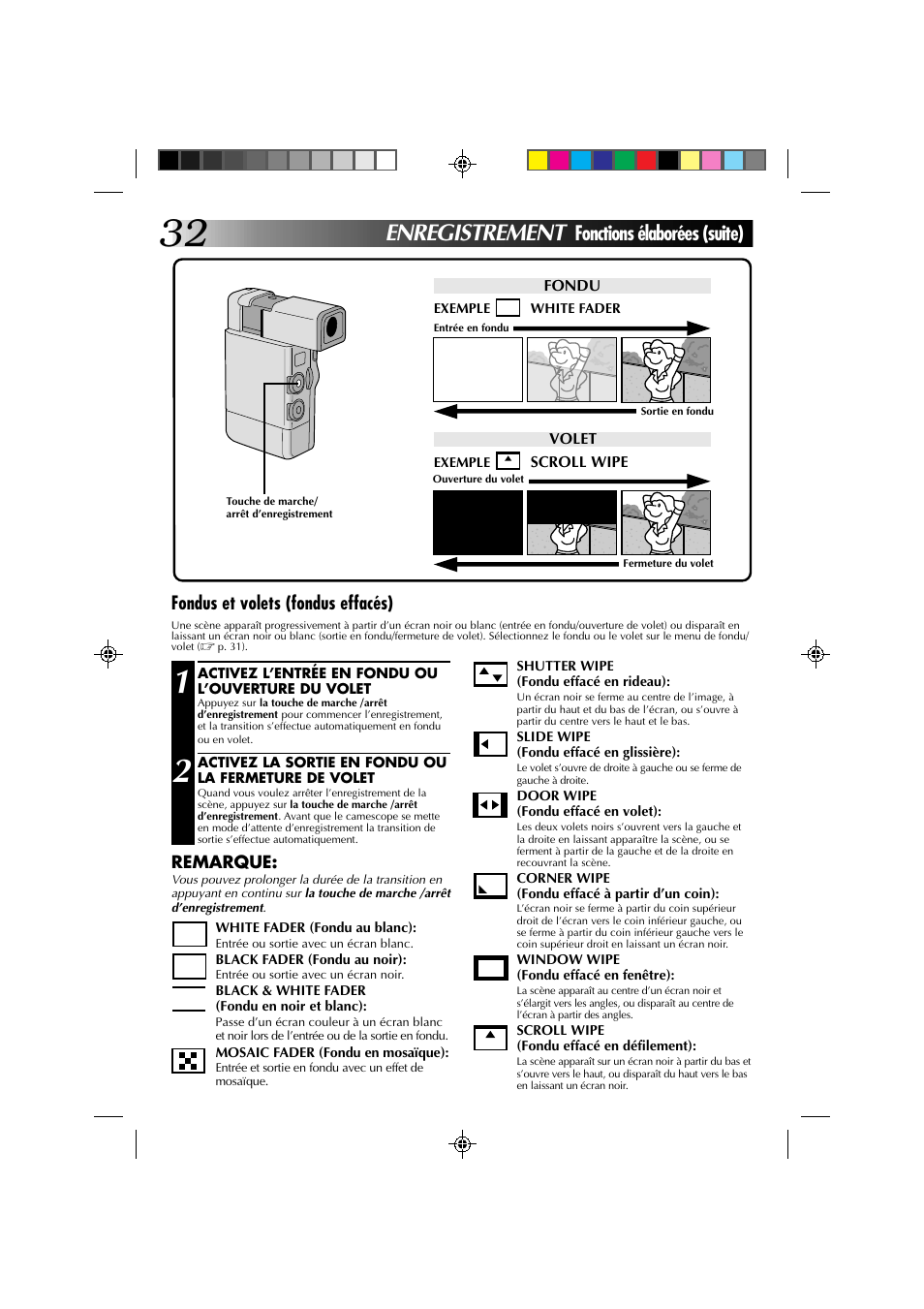 Enregistrement, Fonctions élaborées (suite), Fondus et volets (fondus effacés) | JVC GR-DV1 User Manual | Page 104 / 219