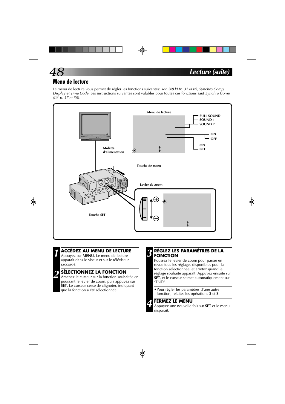 Lecture (suite), Menu de lecture | JVC GR-DV1 User Manual | Page 120 / 219