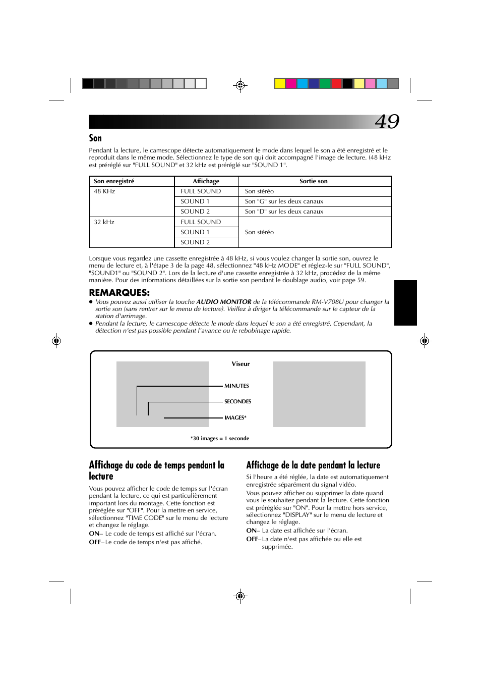 Affi, Chage du code de temps pendant la lectu, Affichage de la date pendant la lecture | JVC GR-DV1 User Manual | Page 121 / 219