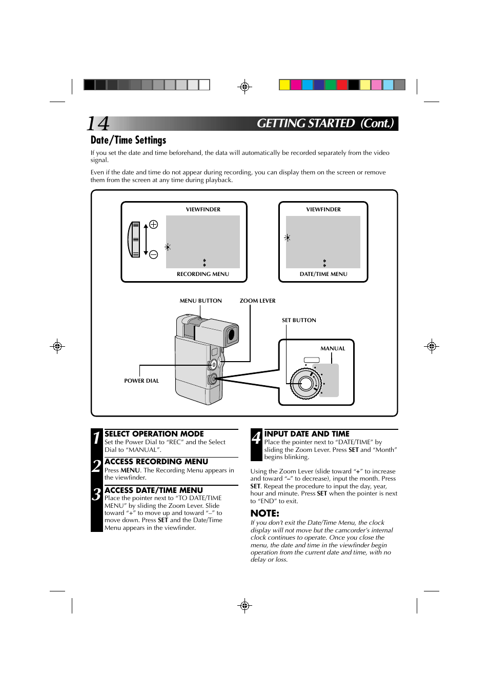 Getting started (cont.), Date/time settings | JVC GR-DV1 User Manual | Page 14 / 219